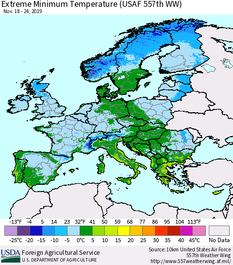 Europe Minimum Daily Temperature (USAF 557th WW) Thematic Map For 11/18/2019 - 11/24/2019