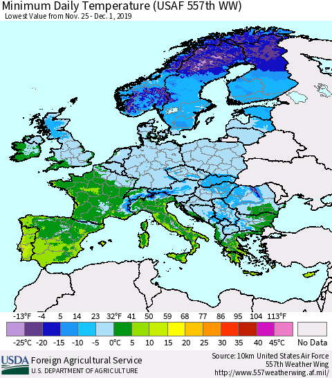 Europe Minimum Daily Temperature (USAF 557th WW) Thematic Map For 11/25/2019 - 12/1/2019