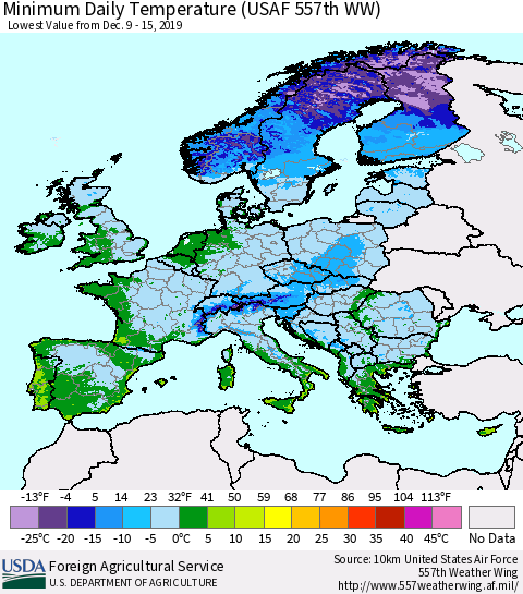 Europe Minimum Daily Temperature (USAF 557th WW) Thematic Map For 12/9/2019 - 12/15/2019
