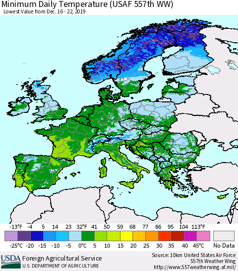 Europe Minimum Daily Temperature (USAF 557th WW) Thematic Map For 12/16/2019 - 12/22/2019