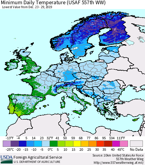 Europe Minimum Daily Temperature (USAF 557th WW) Thematic Map For 12/23/2019 - 12/29/2019