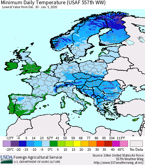 Europe Minimum Daily Temperature (USAF 557th WW) Thematic Map For 12/30/2019 - 1/5/2020