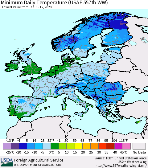 Europe Minimum Daily Temperature (USAF 557th WW) Thematic Map For 1/6/2020 - 1/12/2020