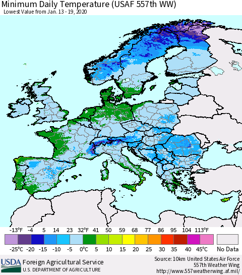 Europe Minimum Daily Temperature (USAF 557th WW) Thematic Map For 1/13/2020 - 1/19/2020