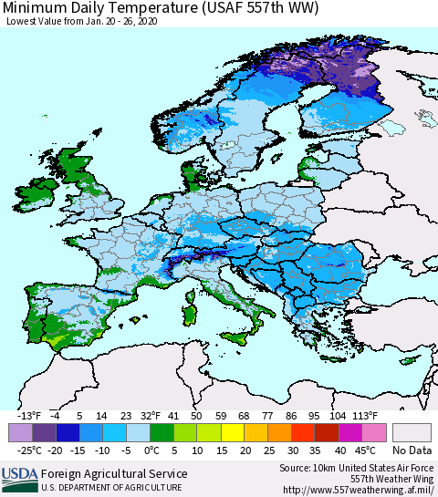 Europe Minimum Daily Temperature (USAF 557th WW) Thematic Map For 1/20/2020 - 1/26/2020