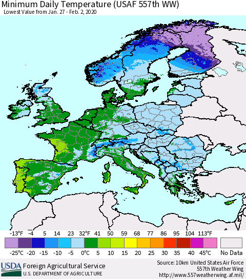 Europe Minimum Daily Temperature (USAF 557th WW) Thematic Map For 1/27/2020 - 2/2/2020