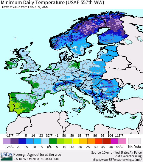 Europe Minimum Daily Temperature (USAF 557th WW) Thematic Map For 2/3/2020 - 2/9/2020