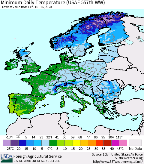 Europe Minimum Daily Temperature (USAF 557th WW) Thematic Map For 2/10/2020 - 2/16/2020