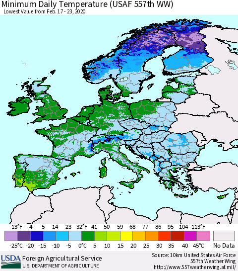 Europe Minimum Daily Temperature (USAF 557th WW) Thematic Map For 2/17/2020 - 2/23/2020