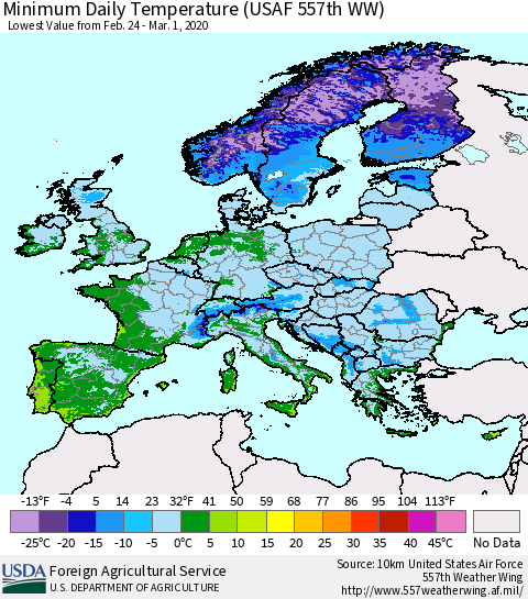 Europe Minimum Daily Temperature (USAF 557th WW) Thematic Map For 2/24/2020 - 3/1/2020