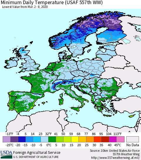 Europe Minimum Daily Temperature (USAF 557th WW) Thematic Map For 3/2/2020 - 3/8/2020