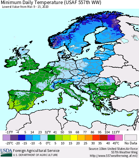 Europe Minimum Daily Temperature (USAF 557th WW) Thematic Map For 3/9/2020 - 3/15/2020