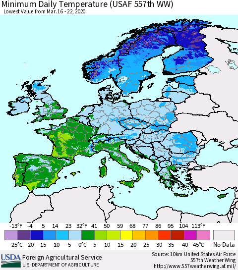 Europe Minimum Daily Temperature (USAF 557th WW) Thematic Map For 3/16/2020 - 3/22/2020