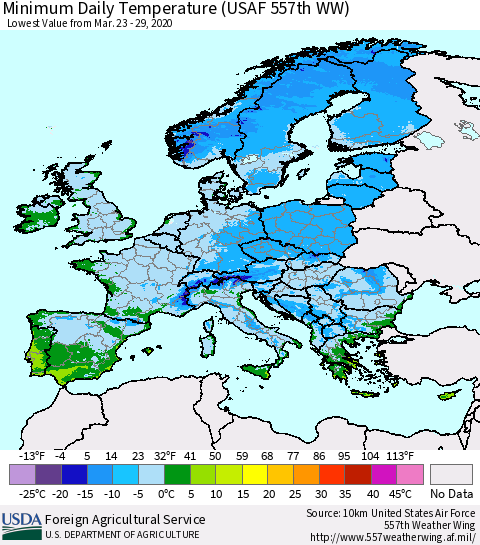 Europe Minimum Daily Temperature (USAF 557th WW) Thematic Map For 3/23/2020 - 3/29/2020