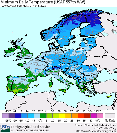 Europe Minimum Daily Temperature (USAF 557th WW) Thematic Map For 3/30/2020 - 4/5/2020