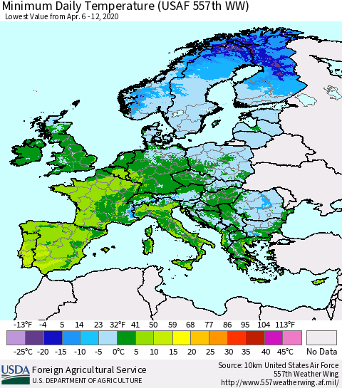 Europe Minimum Daily Temperature (USAF 557th WW) Thematic Map For 4/6/2020 - 4/12/2020