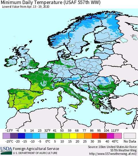Europe Minimum Daily Temperature (USAF 557th WW) Thematic Map For 4/13/2020 - 4/19/2020