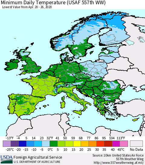 Europe Minimum Daily Temperature (USAF 557th WW) Thematic Map For 4/20/2020 - 4/26/2020