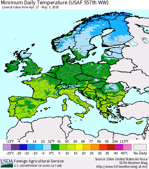 Europe Minimum Daily Temperature (USAF 557th WW) Thematic Map For 4/27/2020 - 5/3/2020