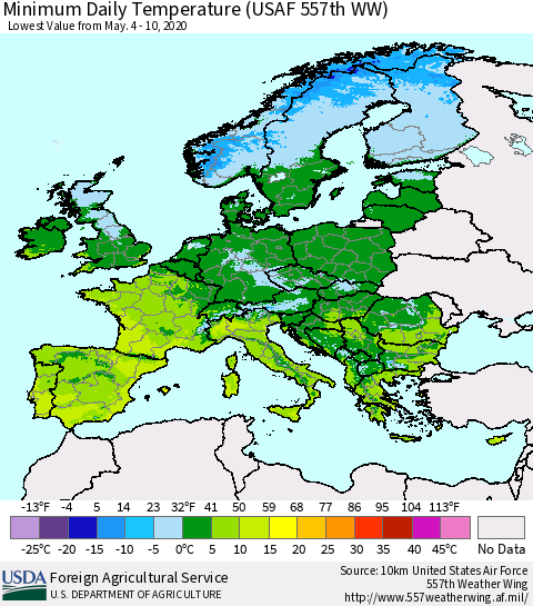Europe Minimum Daily Temperature (USAF 557th WW) Thematic Map For 5/4/2020 - 5/10/2020