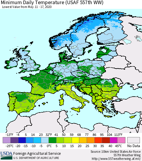 Europe Minimum Daily Temperature (USAF 557th WW) Thematic Map For 5/11/2020 - 5/17/2020