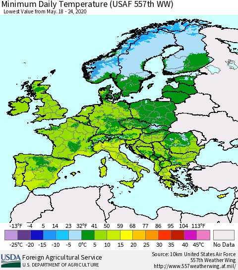 Europe Minimum Daily Temperature (USAF 557th WW) Thematic Map For 5/18/2020 - 5/24/2020
