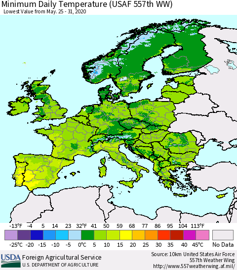 Europe Minimum Daily Temperature (USAF 557th WW) Thematic Map For 5/25/2020 - 5/31/2020