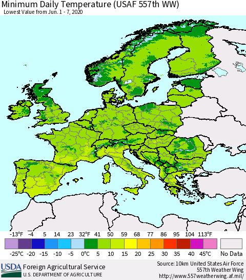 Europe Minimum Daily Temperature (USAF 557th WW) Thematic Map For 6/1/2020 - 6/7/2020