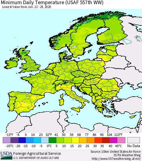 Europe Minimum Daily Temperature (USAF 557th WW) Thematic Map For 6/22/2020 - 6/28/2020