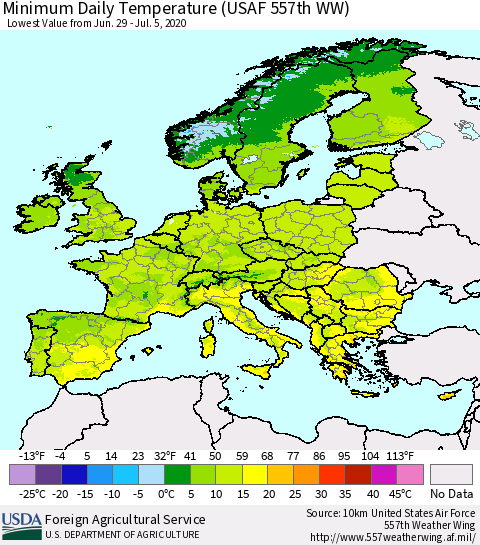 Europe Minimum Daily Temperature (USAF 557th WW) Thematic Map For 6/29/2020 - 7/5/2020
