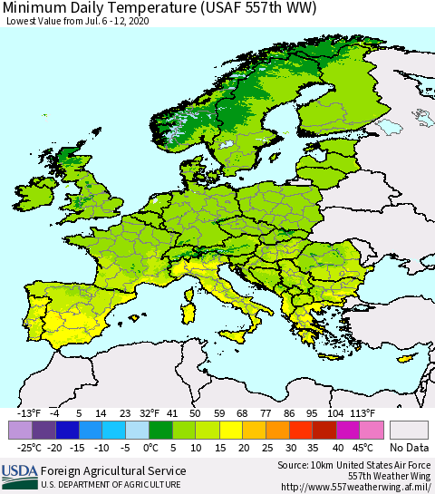 Europe Minimum Daily Temperature (USAF 557th WW) Thematic Map For 7/6/2020 - 7/12/2020