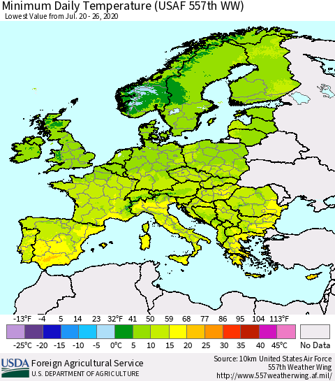 Europe Minimum Daily Temperature (USAF 557th WW) Thematic Map For 7/20/2020 - 7/26/2020