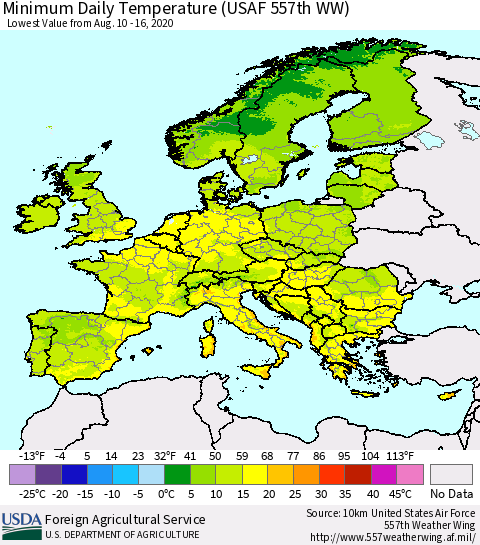 Europe Minimum Daily Temperature (USAF 557th WW) Thematic Map For 8/10/2020 - 8/16/2020