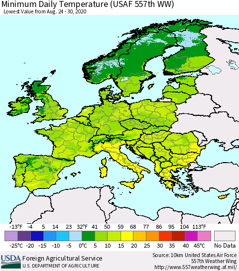 Europe Minimum Daily Temperature (USAF 557th WW) Thematic Map For 8/24/2020 - 8/30/2020