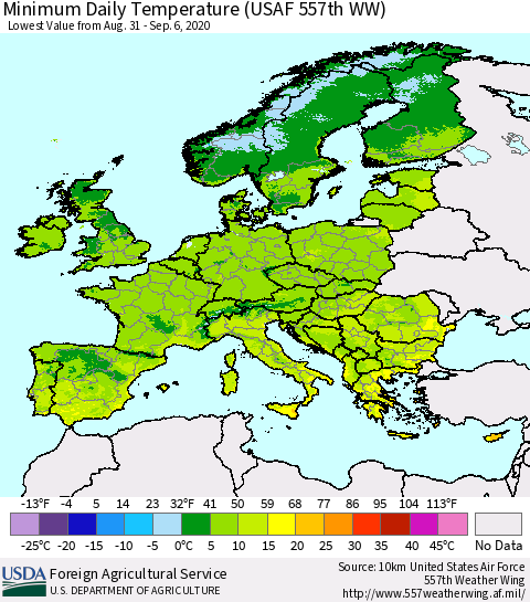 Europe Minimum Daily Temperature (USAF 557th WW) Thematic Map For 8/31/2020 - 9/6/2020