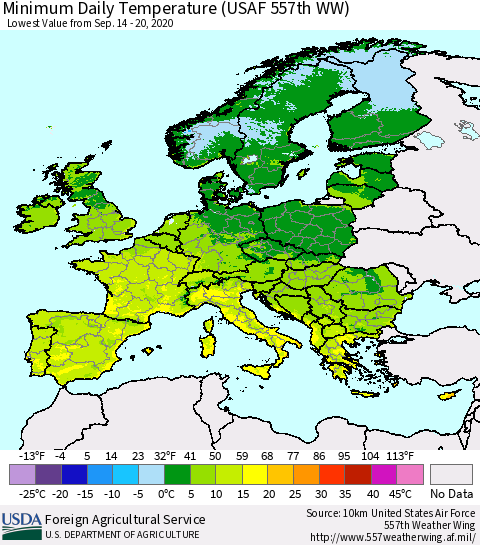 Europe Minimum Daily Temperature (USAF 557th WW) Thematic Map For 9/14/2020 - 9/20/2020