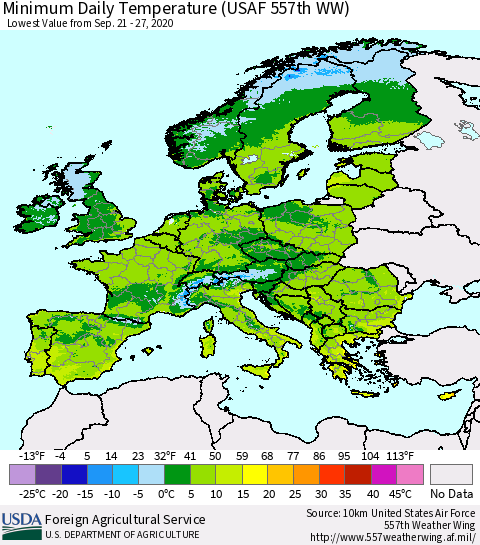 Europe Minimum Daily Temperature (USAF 557th WW) Thematic Map For 9/21/2020 - 9/27/2020