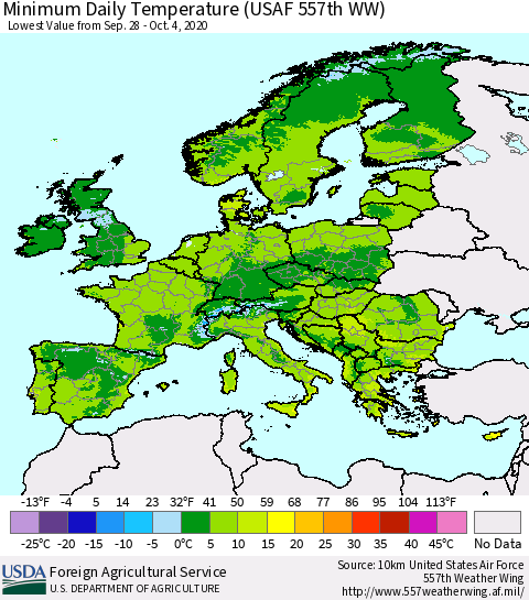Europe Minimum Daily Temperature (USAF 557th WW) Thematic Map For 9/28/2020 - 10/4/2020