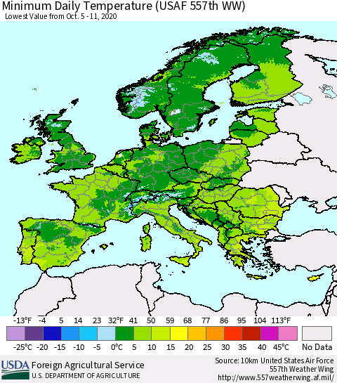 Europe Minimum Daily Temperature (USAF 557th WW) Thematic Map For 10/5/2020 - 10/11/2020