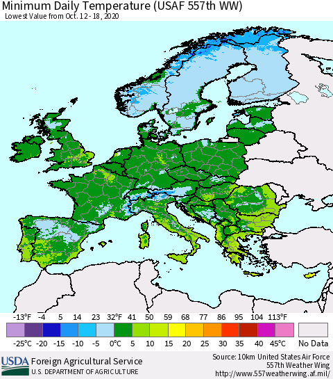 Europe Minimum Daily Temperature (USAF 557th WW) Thematic Map For 10/12/2020 - 10/18/2020