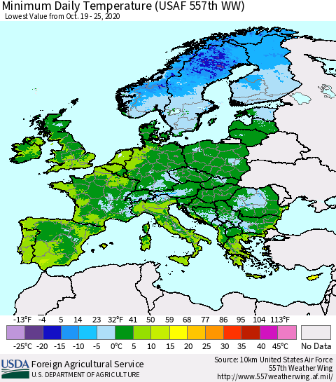 Europe Minimum Daily Temperature (USAF 557th WW) Thematic Map For 10/19/2020 - 10/25/2020