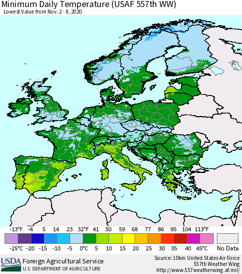 Europe Minimum Daily Temperature (USAF 557th WW) Thematic Map For 11/2/2020 - 11/8/2020