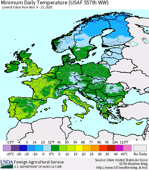 Europe Minimum Daily Temperature (USAF 557th WW) Thematic Map For 11/9/2020 - 11/15/2020