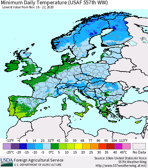 Europe Minimum Daily Temperature (USAF 557th WW) Thematic Map For 11/16/2020 - 11/22/2020