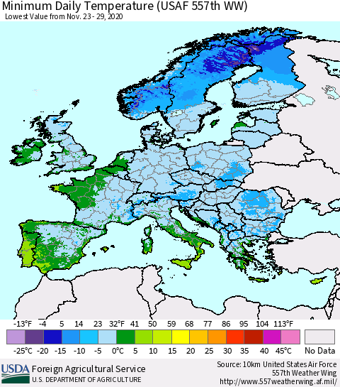 Europe Minimum Daily Temperature (USAF 557th WW) Thematic Map For 11/23/2020 - 11/29/2020