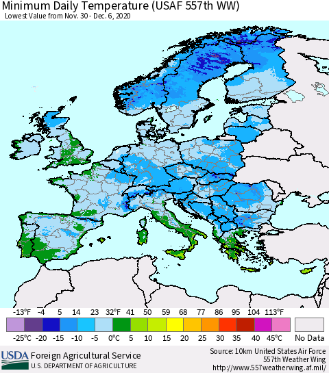 Europe Minimum Daily Temperature (USAF 557th WW) Thematic Map For 11/30/2020 - 12/6/2020
