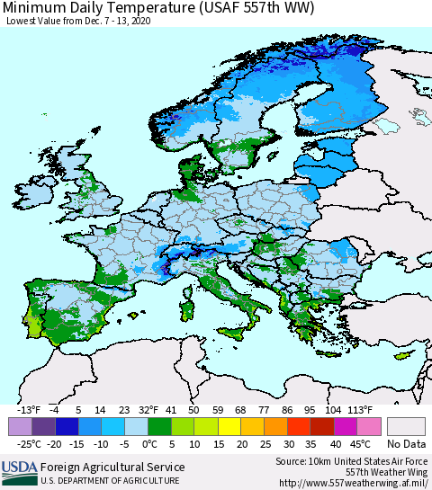 Europe Minimum Daily Temperature (USAF 557th WW) Thematic Map For 12/7/2020 - 12/13/2020