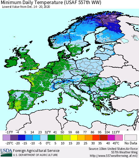Europe Minimum Daily Temperature (USAF 557th WW) Thematic Map For 12/14/2020 - 12/20/2020
