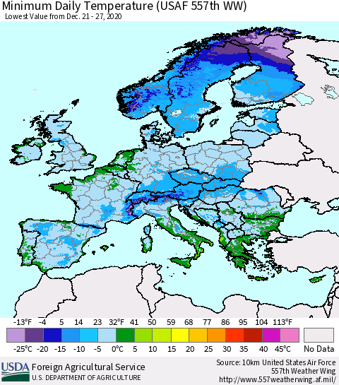 Europe Minimum Daily Temperature (USAF 557th WW) Thematic Map For 12/21/2020 - 12/27/2020