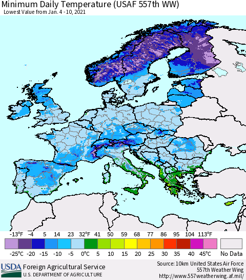 Europe Minimum Daily Temperature (USAF 557th WW) Thematic Map For 1/4/2021 - 1/10/2021